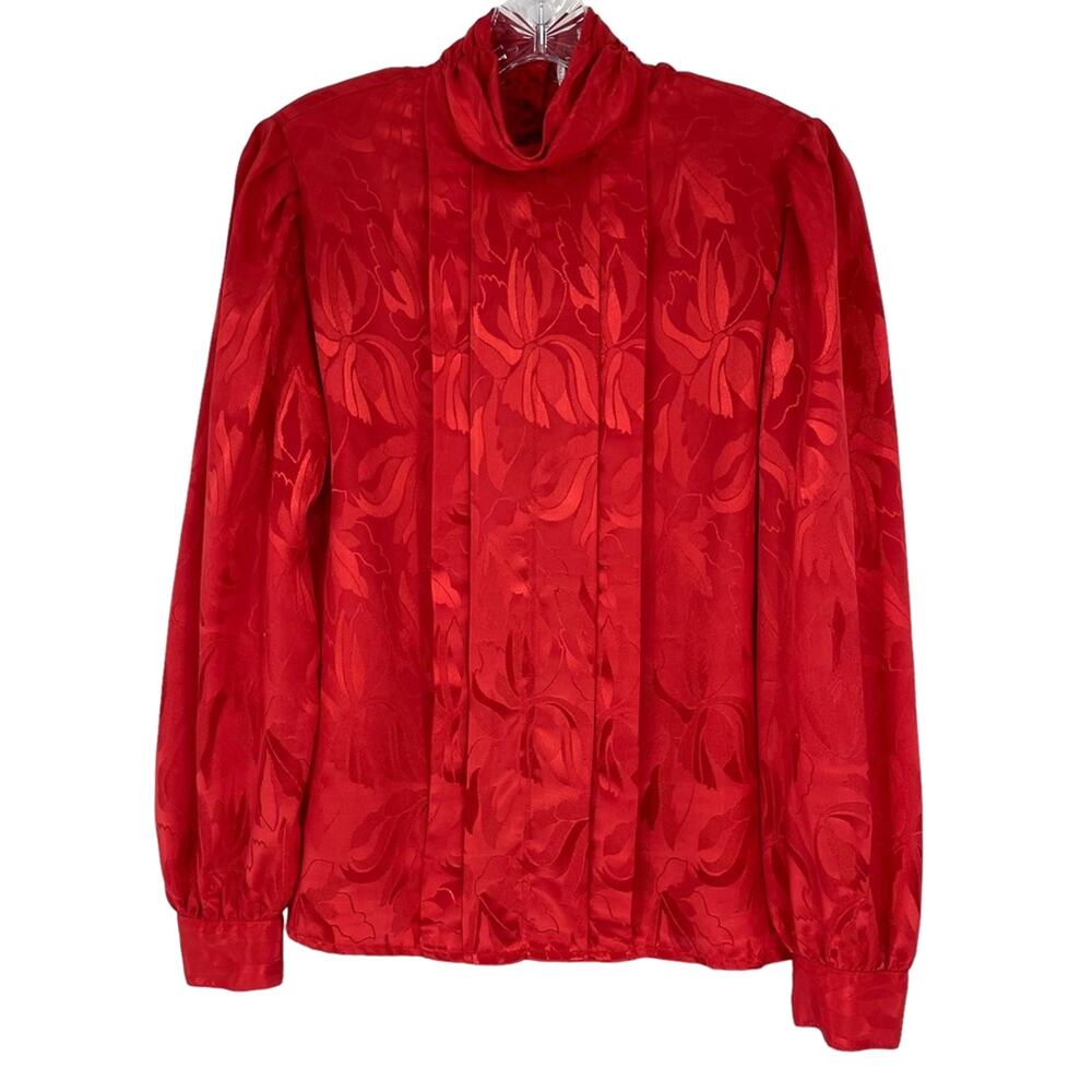 Vintage Red High Collar Pleated Front Blouse Size 8 Secretary Party Victorian